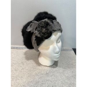 Womens Black Beret Hat with Grey angora Wool Flower Accent
